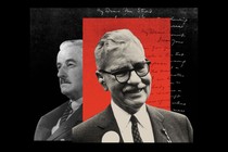 Photo-illustration with black-and-white images of Faulkner and Cowley, a handwritten letter, and a red rectangle on a black background.