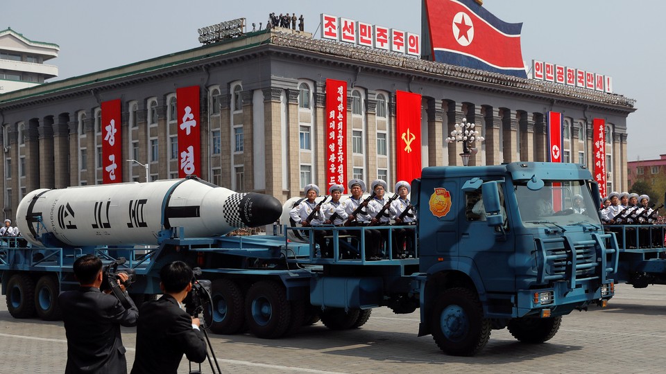 A North Korean navy truck carries a submarine-launched ballistic missile (SLBM) during a military parade marking the 105th birth anniversary of country's founding father, Kim Il Sung in Pyongyang, on April 15, 2017. 