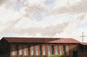 illustration of church building with many vertical windows, reddish roof, and cross with cloudy sky in background
