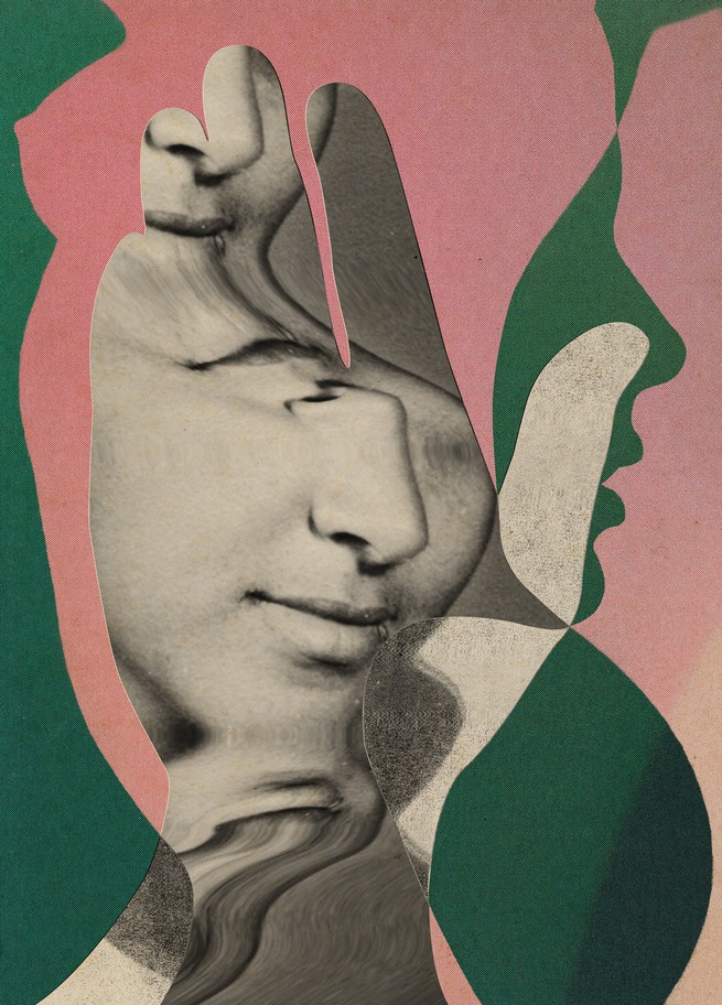 Silhouette of female torso in pink over profile of face in green and shape of a hand with photo of woman's nose and lips