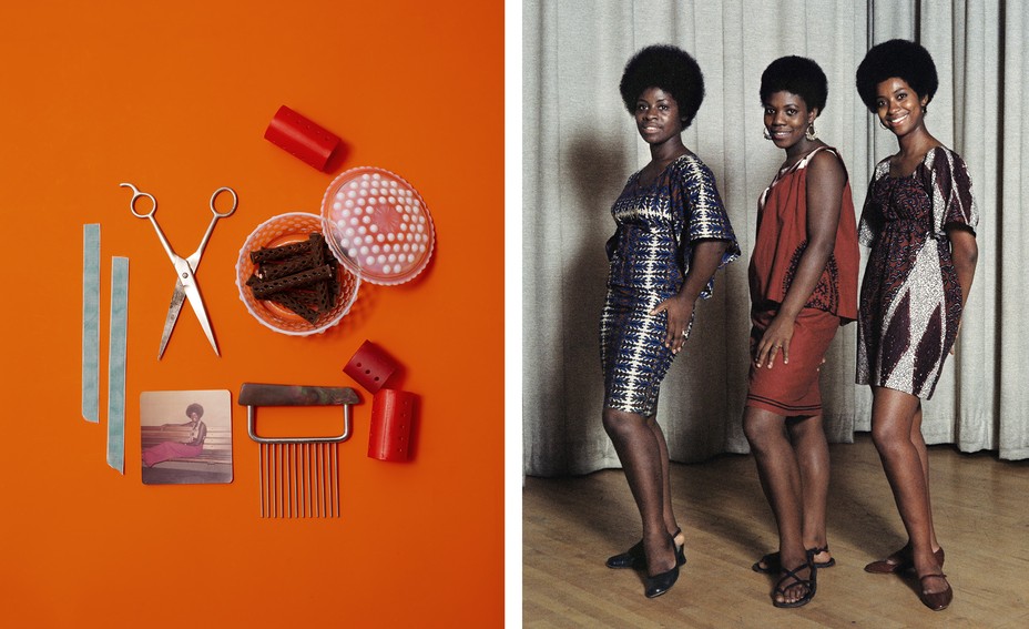 diptych: hair supplies and a picture; three women with afros poising