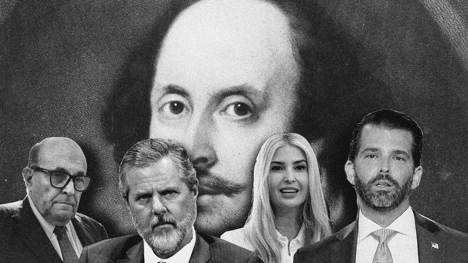 An illustration of the Rudy Giuliani, Jerry Falwell Jr., Ivanka Trump, and Don Jr. in front of a picture of Shakespeare.
