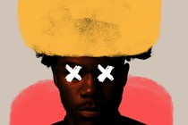 A man looking straight ahead with clouds of color over his head and behind him, and illustrated Xs over his eyes