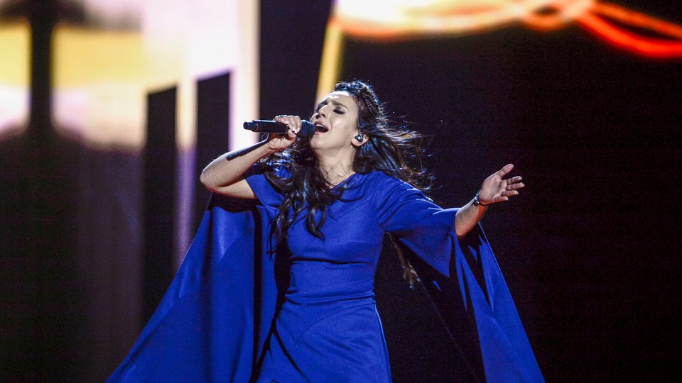 Jamala, the singer representing Ukraine, performs with the song "1944" during the Eurovision Song Contest final.