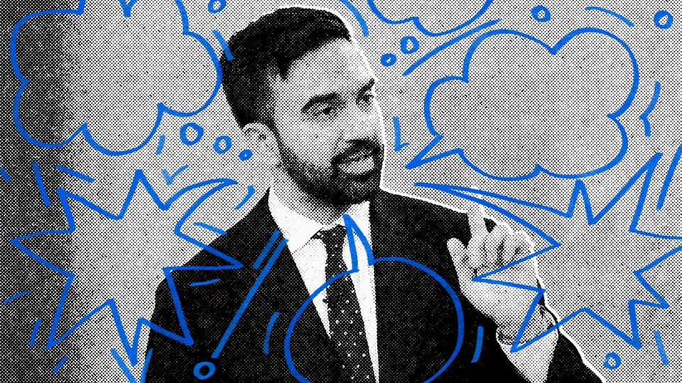 An illustration of Zohran Mamdani speaking with sketches of thought bubbles.