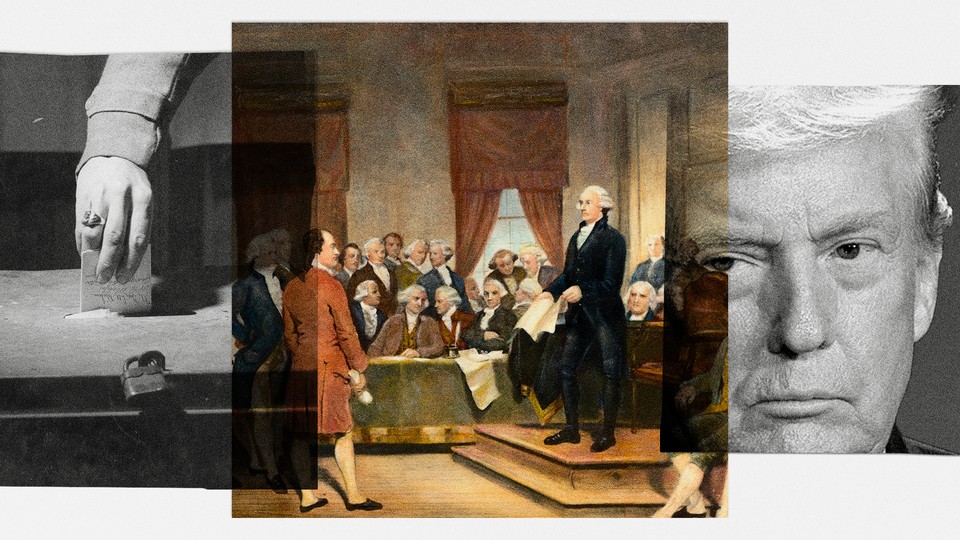 Collage showing picture of founders, hand placing vote in ballot, and Trump