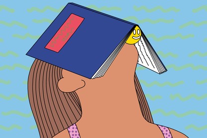 An illustration of a woman leaning her head back with a book open over her face.