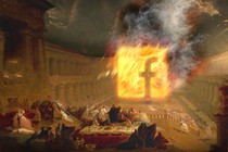 illustration with an 1820 painting of outdoor feast with people in historical dress fleeing a giant flaming Facebook logo in a colonnaded courtyard