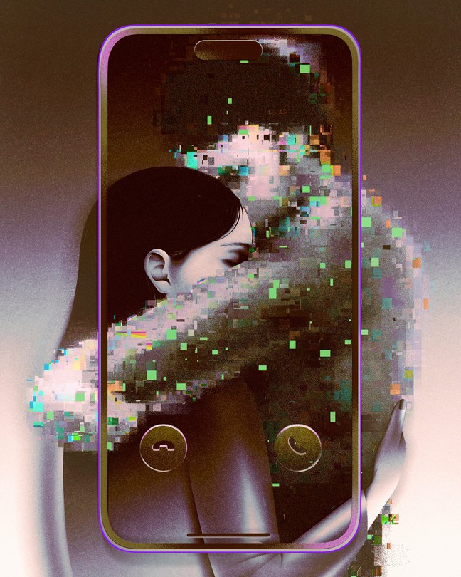 Illustration of a woman embracing a pixelated man, both seen through a transparent phone screen in muted colors.