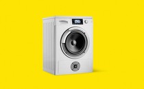 Illustration: washing machine with speaker on yellow background