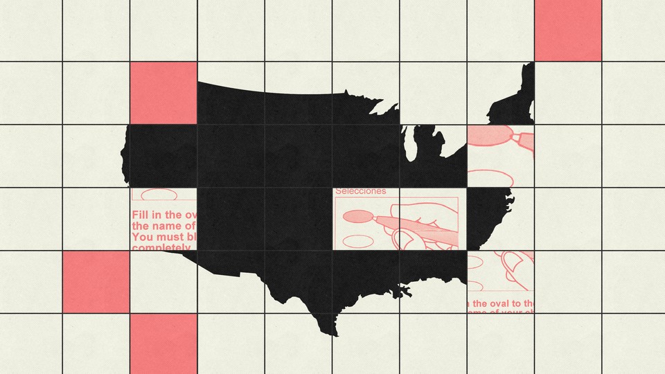 An illustration showing a square grid with a few pink squares and squares of voting-ballot material overlaying the continental United States, shaded in black.