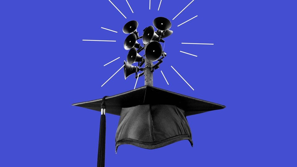 An illustration of a graduation cap with speakers.