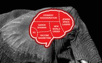 An elephant with a red brain made up of conspiracy theories: Kennedy assassination, Jewish space lasers, new world order, QAnon shaman, 5G, and vaccine magnetism