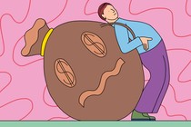 A person weighed down by a large bag of money