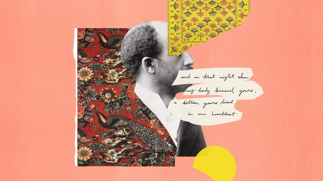 collage of different fabrics, a picture of Du Bois, and handwritten text against a pink background