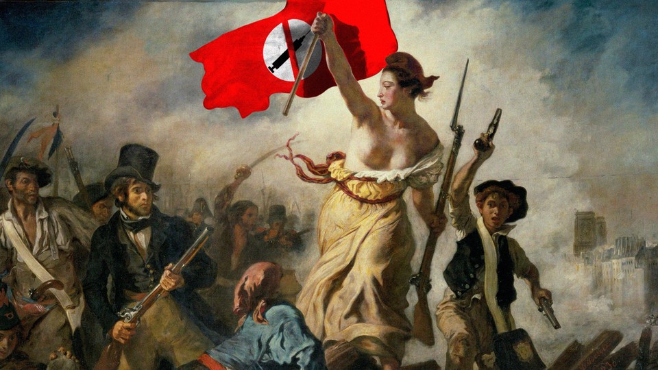 A painting shows a woman carrying an anti-vaccine flag and leading men to battle.