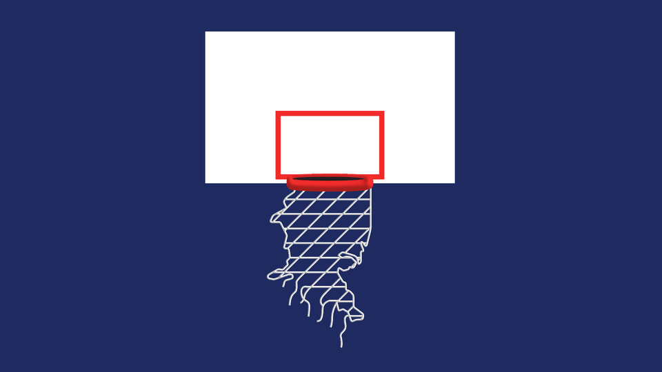 Illustration of a basketball hoop whose net is in the shape of unraveling state borders