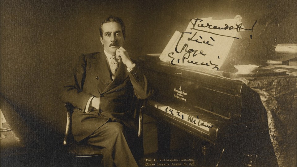 A portrait of Giacomo Puccini with an inscription to the soprano Rose Ader