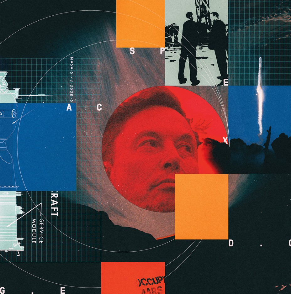 photo-illustration with collage of orange, blue, and red squares on black background with photo of Elon Musk's face in red circle and images of rocket launching, men on launch pad, and Occupy Mars
