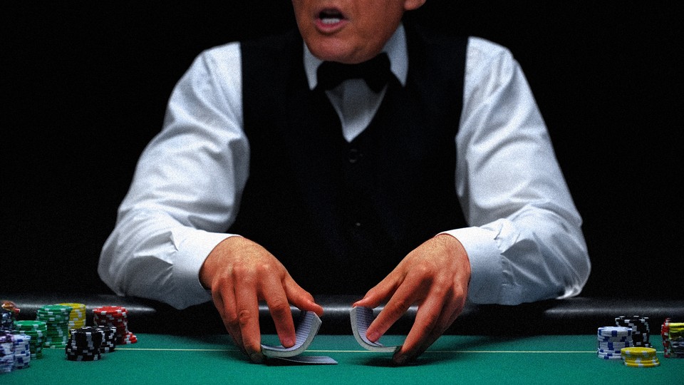 Trump is shown as a dealer at a casino, shuffling cards with chips piled on either side of him.