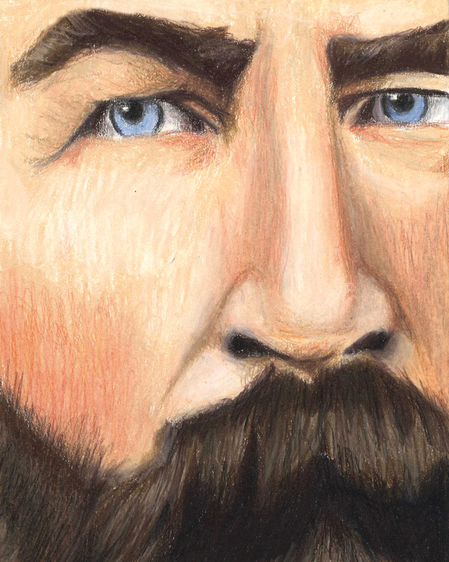Color drawing of detail of Longstreet's face, featuring a brown beard and blue eyes