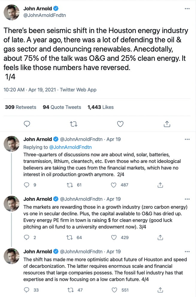 There’s been seismic shift in the Houston energy industry of late. A year ago, there was a lot of defending the oil & gas sector and denouncing renewables. Anecdotally, about 75% of the talk was O&G and 25% clean energy. It feels like those numbers have reversed.  Three-quarters of discussions now are about wind, solar, batteries, transmission, lithium, cleantech, etc. Even those who are not ideological believers are taking the cues from the financial markets, which have no interest in oil production growth anymore.   The markets are rewarding those in a growth industry (zero carbon energy) vs one in secular decline. Plus, the capital available to O&G has dried up. Every energy PE firm in town is raising $ for clean energy (good luck pitching an oil fund to a university endowment now).  The shift has made me more optimistic about future of Houston and speed of decarbonization. The latter requires enormous scale and financial resources that large companies possess. The fossil fuel industry has that expertise and is now focusing on a low carbon future. 