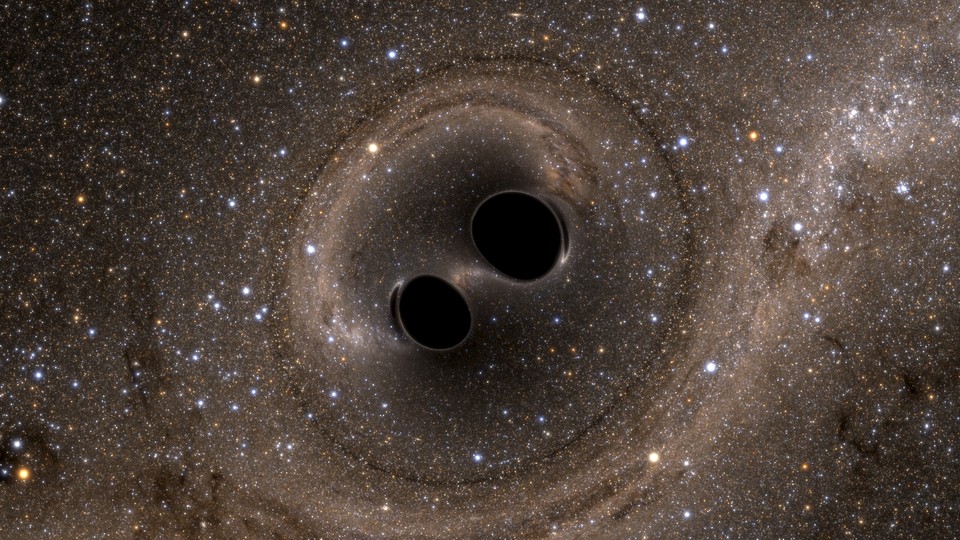 An illustration of a merger of two black holes, an event that produces gravitational waves