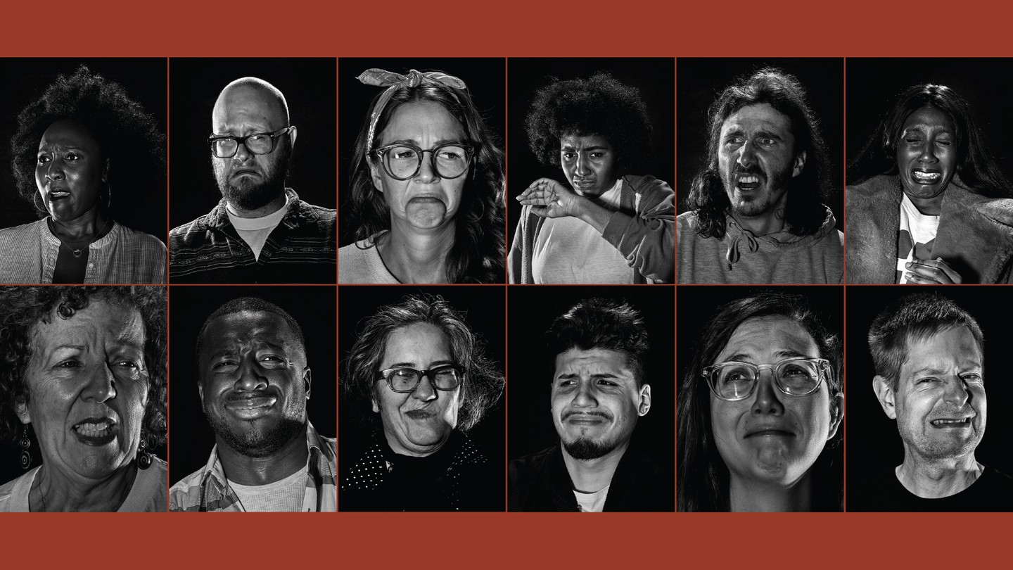 Portraits of twelve people making disgusted faces, ordered into two rows of six