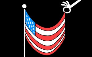 illustration of a hand reaching down and holding up one corner of an American flag on a flagpole