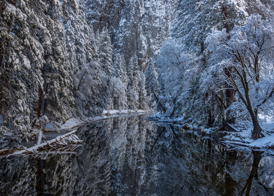 Snow-coved trees line the sides of a still river.