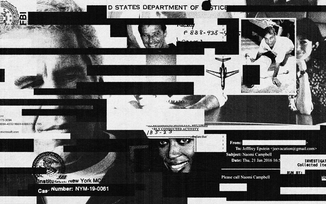 Black-and-white illustration of black redactions, Jeffrey Epstein, Jean-Luc Brunel, Andrew Mountbatten-Windsor, Ghislaine Maxwell, and various emails and government documents