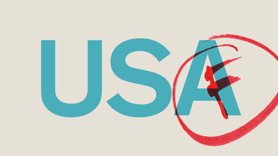 An illustration of "USA" with the letter F written across.