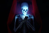 illustration of skeleton in coffin looking at smartphone