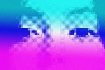 A pixelated woman's face, in a pink and blue gradient.