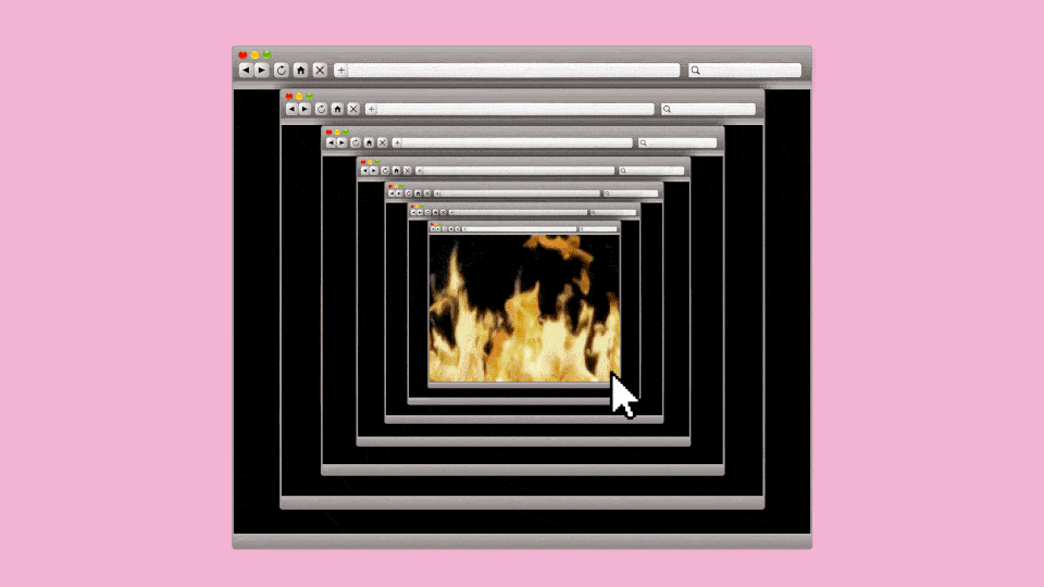 A series of browser tabs, with flames in the center, on a pink background