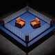 Two chairs facing each other inside a boxing ring
