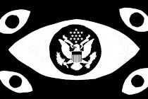 Blinking eyes with federal-government logo in pupil