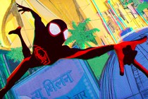 An animated Spider-Man flinging himself from one building to another in “Spider-Man: Across the Spider-Verse”