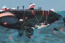 An illustration of a whale covered in bruises and rope