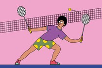 An illustrated woman playing tennis against herself