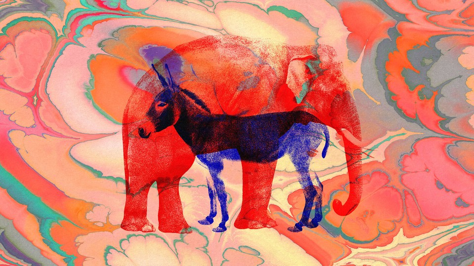 Collage of an elephant and a donkey on a psychedelic background