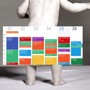Black and white photo of a baby with a calendar covered in colored blocks superimposed