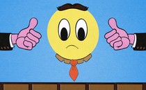 Illustration of a round yellow face frowning with two pink thumbs-up on either side of it