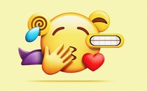 An illustration of an emoji with many different features surrounding it—a heart, imp horns, and a grimacing mouth