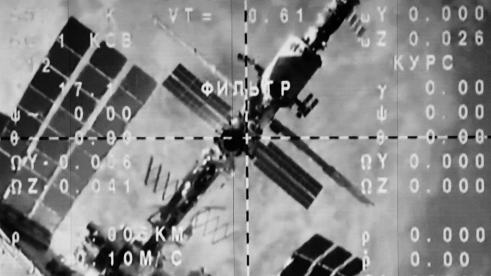A view of the International Space Station from a departing Russian capsule