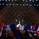 French President-elect Emmanuel Macron celebrates on the stage at his victory rally.