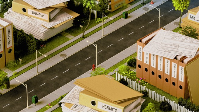 Illustration of a road with oversized paperwork stacked on the adjacent sidewalk