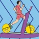 An illustration of a man jogging on a treadmill with round, yellow, smiling faces tied to the soles of his shoes