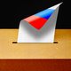 Illustration showing ballot box, with a ballot that is white on one side but the shows the Russian flag on the other side.