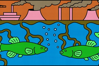 Two fish look at each other in a very polluted river